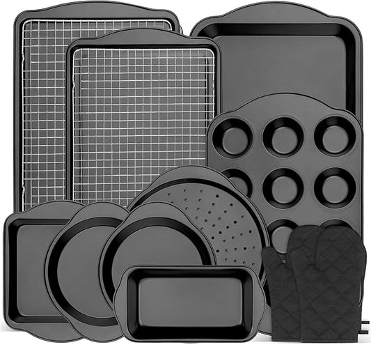 Gymdin 13 PCS Nonstick Bakeware Set - Carbon Steel Baking Pans Set with Dual Handles, Includes Roasting Pan, Pizza Pan, Cookie Sheet, Cake Pans, Muffin Pans, Cooling Rack, Oven Mitts, Non-Toxic