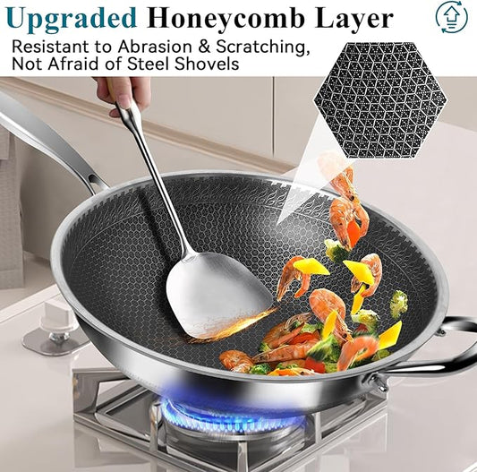 Boryenty Wok Pan 12 Inch with Lid, Hybrid Stainless Steel Wok, Honeycomb Wok Pan Flat Bottom Stir Fry Pan, 18/10 Stainless Steel, Metal Utensil Safe, Dishwasher & Oven Safe