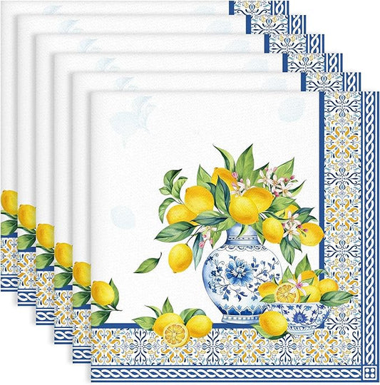 Lemon Napkins, 18×18 Inch Yellow Blue Dinner Cloth Napkins Set of 6, Washable Cotton Soft Absorbent Square Napkins for Dining Kitchen Party Wedding Decoration