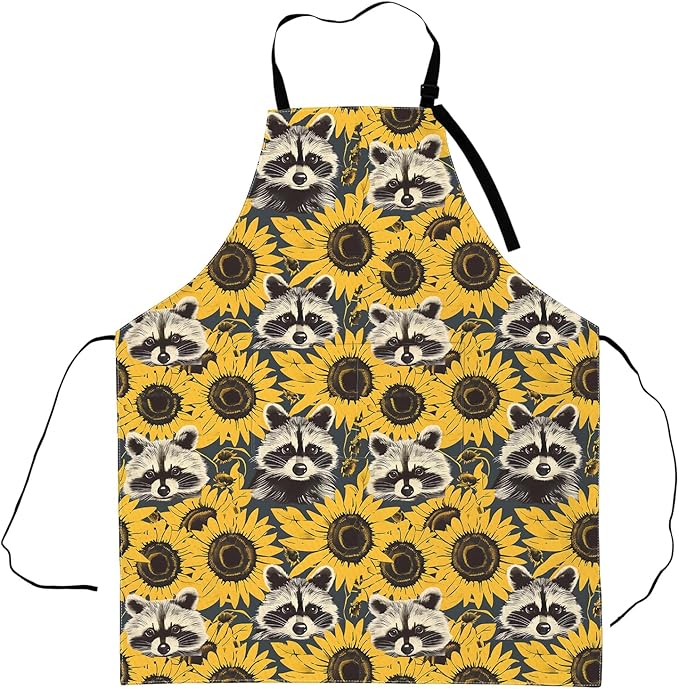 Raccoon and Sunflower Apron,Adjustable Waterproof Oxford Fabric Kitchen Apron with 2 Pockets for Men and Women, Cooking, Baking, BBQ, Coffee Shop, Housewarming Gifts, 28x33 Inches