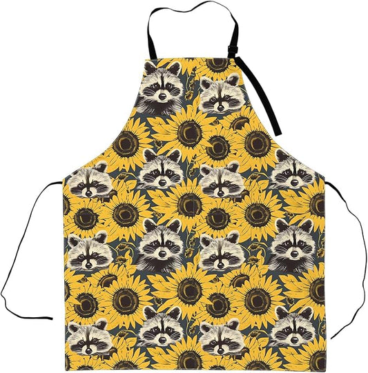 Raccoon and Sunflower Apron,Adjustable Waterproof Oxford Fabric Kitchen Apron with 2 Pockets for Men and Women, Cooking, Baking, BBQ, Coffee Shop, Housewarming Gifts, 28x33 Inches