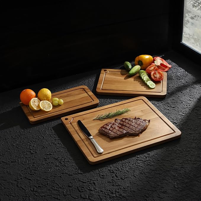 Sango Acacia Cutting Board Set with Juice Grooves and Hanging Holes, 3-Piece - Wood Chopping Boards, Stackable & Reversible for Kitchen, Non-Toxic, Perfect as Butcher Block Countertop, Atelier