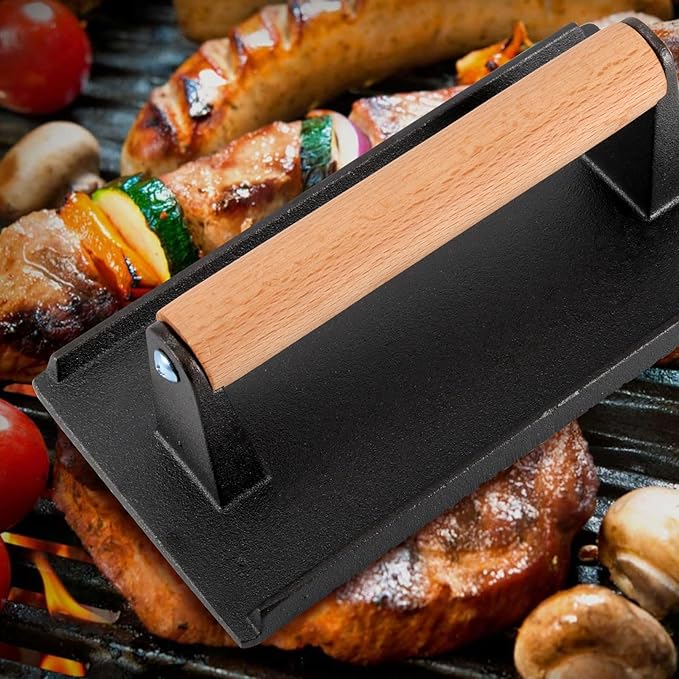 HOIGON 2 PCS 8 x 4 Inch Heavy Duty Cast Iron Grill Press, Flat Bottom Steak Weight Bacon Barbecue Presses with Solid Wood Handle for Burgers, Bread, Pushing Down On Steaks