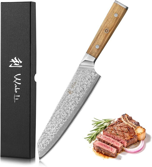 Wakoli Oribu Kiritsuke Chef's Knife – Full Tang Kitchen Knife | 8-Inch Blade Made of 67-Layer Damascus Steel with AUS-10 Core | Ergonomic Olive Wood Handle | Professional & Durable