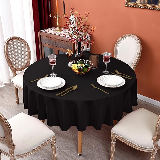 MEANMOY Black 210 GSM Water & Stain Resistant Round Tablecloth for Circle Table - Solid 48 Inch Table Cloth Cover in Wrinkle Free Durable Washable Polyester Fabric for Wedding, Party, Banquet
