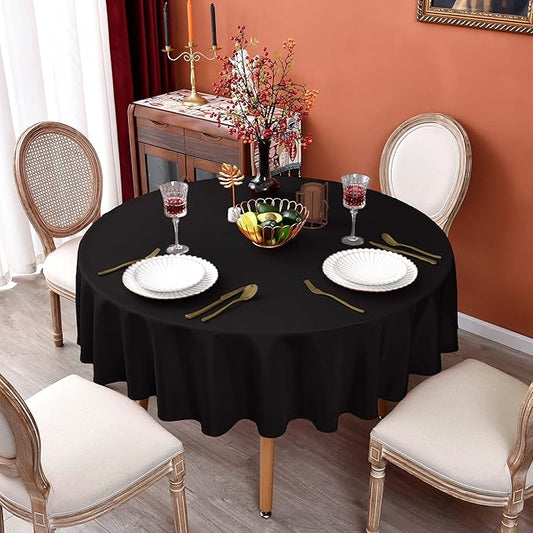 MEANMOY Black 210 GSM Water & Stain Resistant Round Tablecloth for Circle Table - Solid 120 Inch Table Cloth Cover in Wrinkle Free Durable Washable Polyester Fabric for Wedding, Party, Banquet