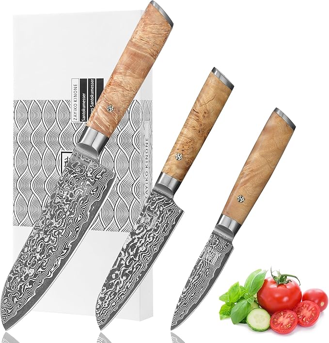 zayiko Kinone Damascus Kitchen Knife Set – 3-Piece Professional Chef Knives | 67 Layers Steel with VG10 Core | Ergonomic Birch Root Wood Handles | Premium Cooking Set in Gift Box