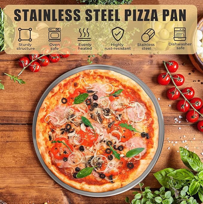 Affbei 12 Pcs Pizza Pan Riser Stands Pizza Spatula Sets Includes 4 Metal Pizza Table Stands 4 Pizza Pan and 4 Wood Handle Pie Server, Pizza Rack Stand Pizza Tray for Oven Pizza Dessert Cheese Baking