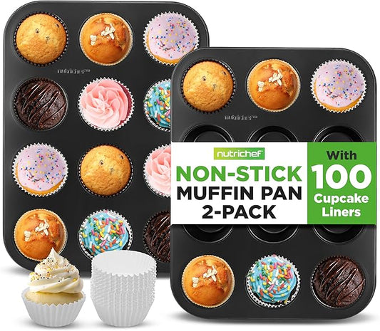 NutriChef Non-Stick 2-Piece 12 Cup Muffin Pans with 100 Parchment Cupcake Liners, Carbon Steel, Professional Grade Muffin Pans for Baking, Durable & Dishwasher Safe 13.7"x10.4"x1.1" Inch (Black)