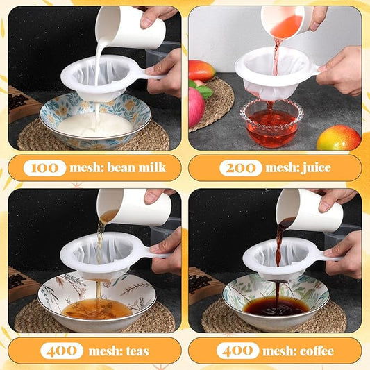 4 Pcs Kitchen Ultra-Fine Nylon Mesh Strainer(100/200/400) Brine Shrimp Net Sieve Fish Net Aquarium Sieve Reusable Food Grade Fine Filter Plastic Mesh Colander with Handle for Soy Milk Coffee