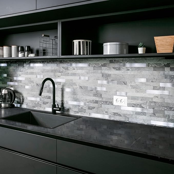 Yipscazo 20 Sheets Peel and Stick Stone Metal Backsplash, PVC Wall Tiles Stick on Tiles for Backsplash Kitchen, Bathroom, Fireplace (6'' X 12'', Gray Stone)