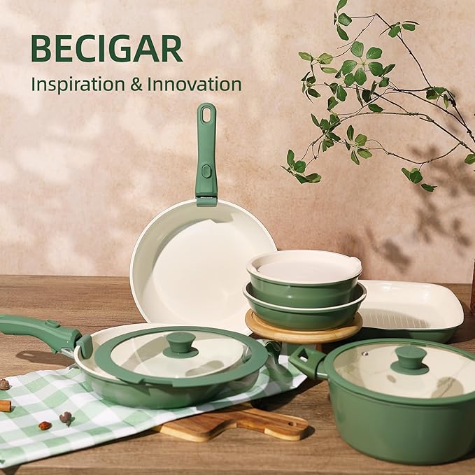 23pcs Ceramic Pots and Pans Set, Nonstick Detachable Handle Cookware, Induction Kitchen Cooking Set with Removable Handle,include Frying Pans & Saucepans Oven Safe(Green)