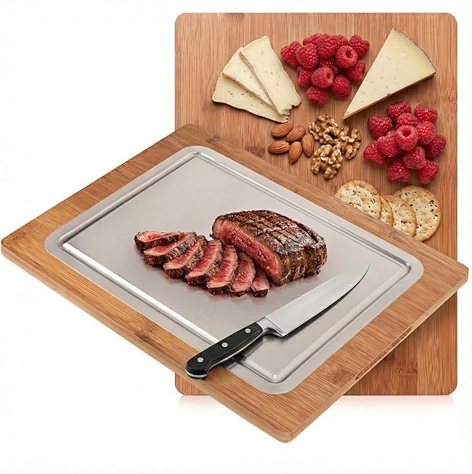 KoruPeak Pure Titanium Cutting Board - Double-Sided Titanium Cutting Boards for Kitchen with Bamboo Side - Large 16"x12"