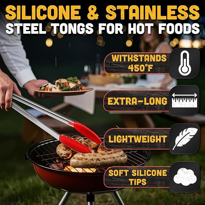 Salad Tongs - 17.3" Long Tongs for Cooking with Silicone Tips & Stainless Steel Frame for Salad Mixing & Serving for Safe Turning of Steaks, Burgers & Veggies - Easy-Lock Handle for Grip & Storage