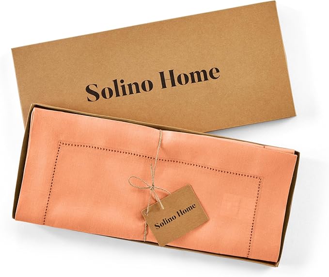 Solino Home Linen Coral Table Runner 120 Inches Long - 100% Pure Linen Hemstitch 14 x 120 Inch Table Runner for Dining, Valentines, Spring, Easter - Classic Hemstitch
