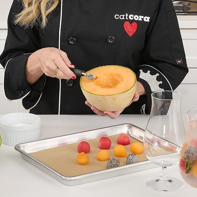 Cat Cora Melon Baller, Professional 18/8 Stainless Steel Dual Blades 10/15-Millimeter for Melon Balls and Garnishes, Ergonomic Soft-Grip Handle