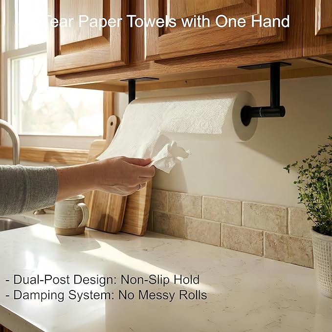 FORIOUS Paper Towel Holder Under Cabinet, Single Hand Operable with Adjustable Damping for Easy Tear, Adhesive or Drill Wall Mount, 304 Commercial Paper Towel Holder for Kitchen Bathroome, Matte Black