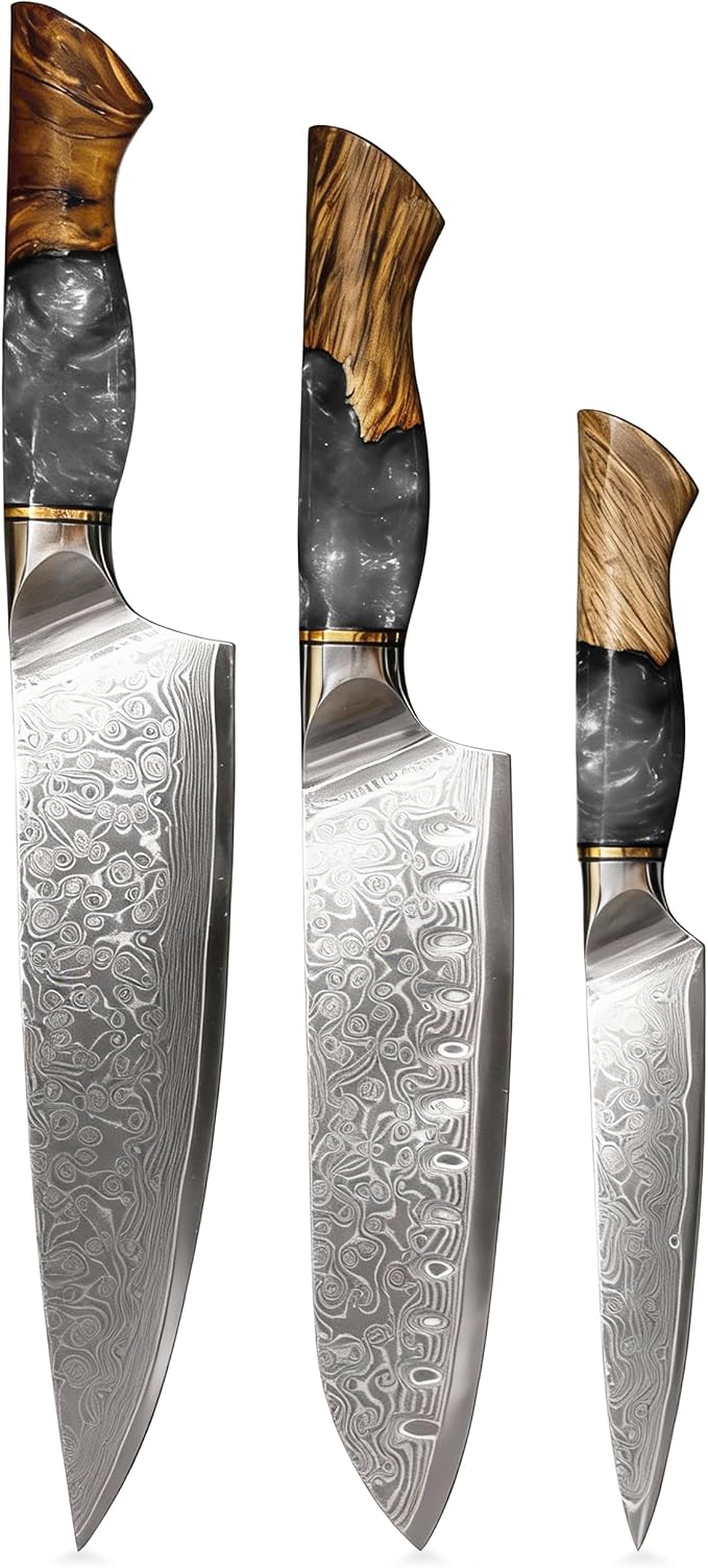 Damascus Kitchen Knife Set, 67-Layer Damascus Steel, 3-Piece Professional Set: 13” Chef, 12.3” Santoku & 9.8” Utility Knife, Ergonomic Wood & Resin Handle, Ideal for Gifting (Black, 3 pieces)