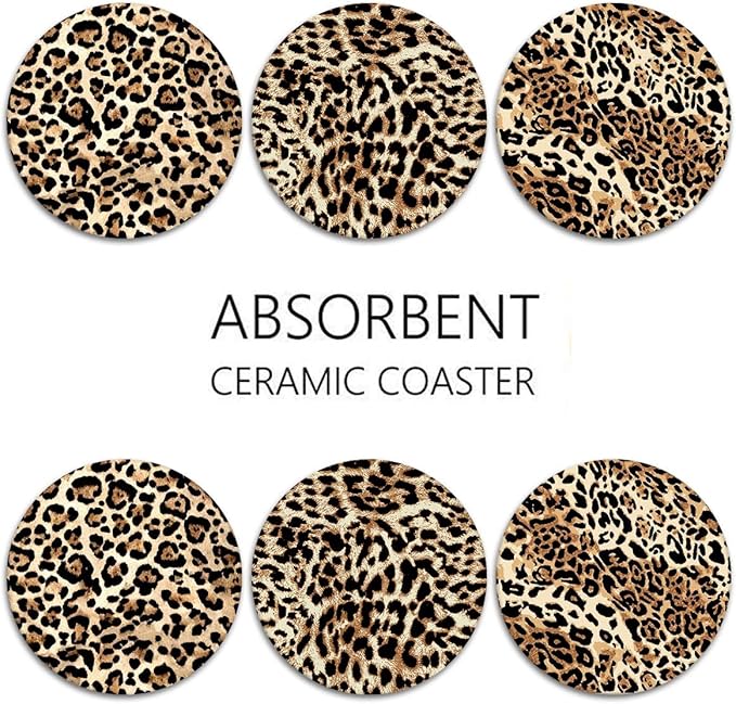 Coaster for Drinks Set of 6, Leopard Animal African Tiger Cheetah Absorbent Round Ceramic Stone Mat, with Cork Base and Metal Holder, Gift for Housewarming Room Bar Decor