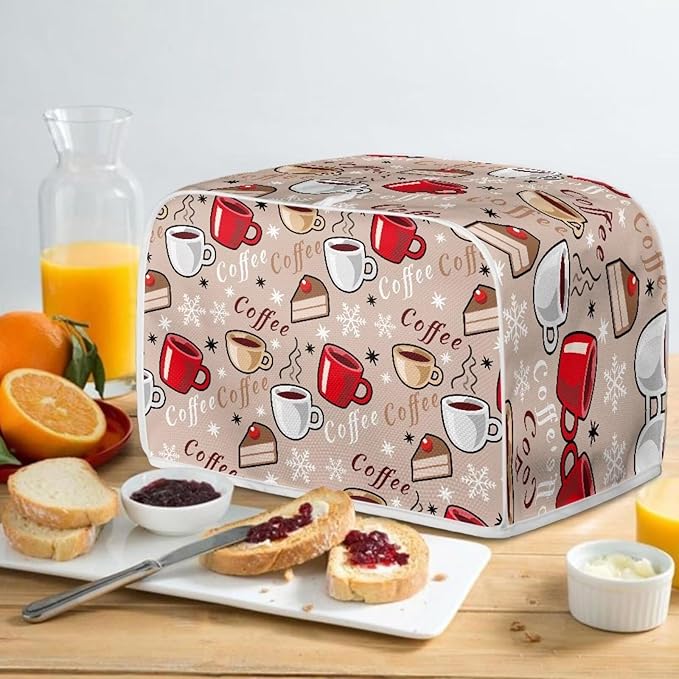 Annejudy Coffee Pattern Toaster Cover 2 Slice Dustproof Toaster Bread Maker Cover Small Kitchen Appliance Fingerprint Protection Kitchen Decor