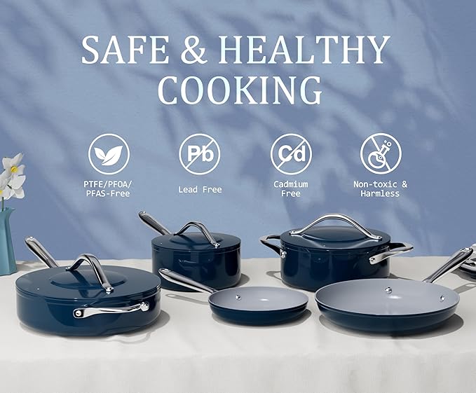 10-Piece Navy Blue Non-Stick Ceramic Pots & Pans Set with Lids, Complete Kitchen Cookware for Soup, Pasta, Boiling & Sautéing, Dishwasher Safe, Induction Compatible, From Stovetop to Oven Safe