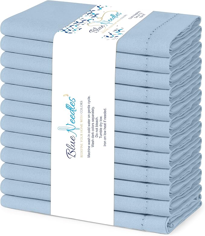 Blue Needles Set of 12 Hemstitch Linen Napkins 100% Cotton Ice Blue Cloth Dinner Napkins 18x18 inches, Soft, Reusable, Absorbent, Washable, Ideal for Wedding Events, Parties & Everyday Use