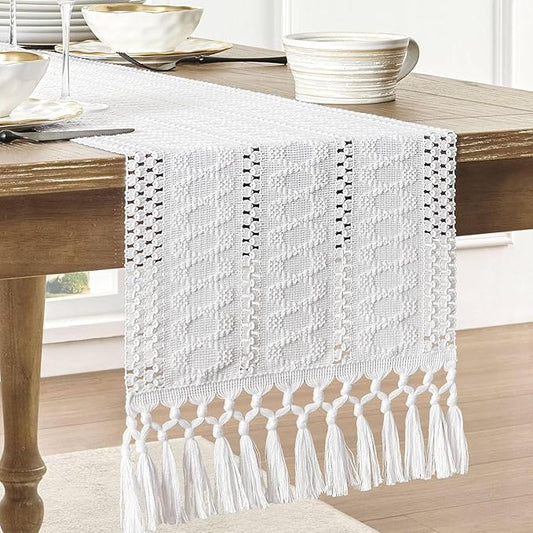 ZeeMart Macrame Style Boho Table Runner, White Table Runners 72 Inches Long, Farmhouse Woven Home Decor, 12x72 Inch, White