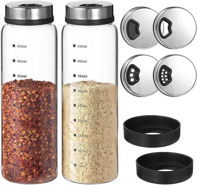 2 Pcs Large Salt and Pepper Shakers, 500ml Glass Spice Bottles with Adjustable Pour Holes, Spice Dispensers with Non-Slip Silicone Bases, Seasoning Jars with Rotating Steel Lids for