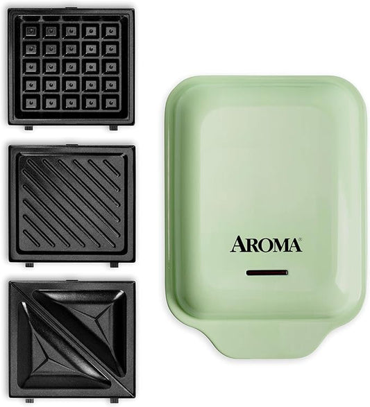 AROMA® 3-in-1 Panini Press, Sandwich Grill, and Waffle Maker with Removable Ceramic Coated Plates