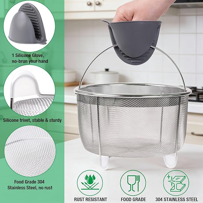 Steamer Basket for Instant Pot, Stainless Steel Vegetable Steamer Basket insert for 6 qt or 8 quart, Instant Pot Accessories, Stainless Steel Strainer Insert with Silicone Glove, Metal Egg Basket