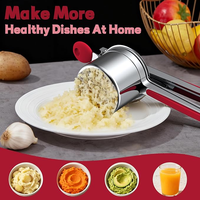 Large 15oz Potato Ricer for Mashed Potatoes, Heavy Duty 18/8 Stainless Steel Potato Masher for Baby Food & Spaetzle Maker, Masher and Ricer Kitchen Tool, Press and Mash Kitchen Gadget, Red