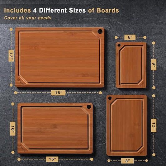 Hiware 4 Pieces Extra Large Wooden Cutting Boards Set- Bamboo Cutting Boards for Kitchen Meal Prep & Serving, Cutting Board with Deep Juice Groove & Built-in Handles, Charcuterie & Chopping Board