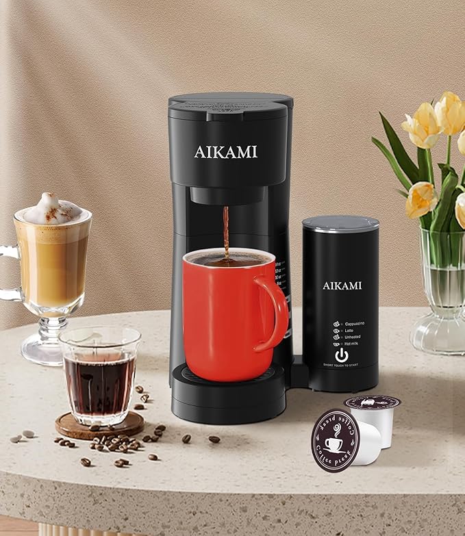 AIKAMI Single Serve Coffee Maker for K Cup & Ground Coffee with Milk Frother, 6 to 14 Oz Brew Sizes, Auto-Off Coffee Machine with Water Reservoir