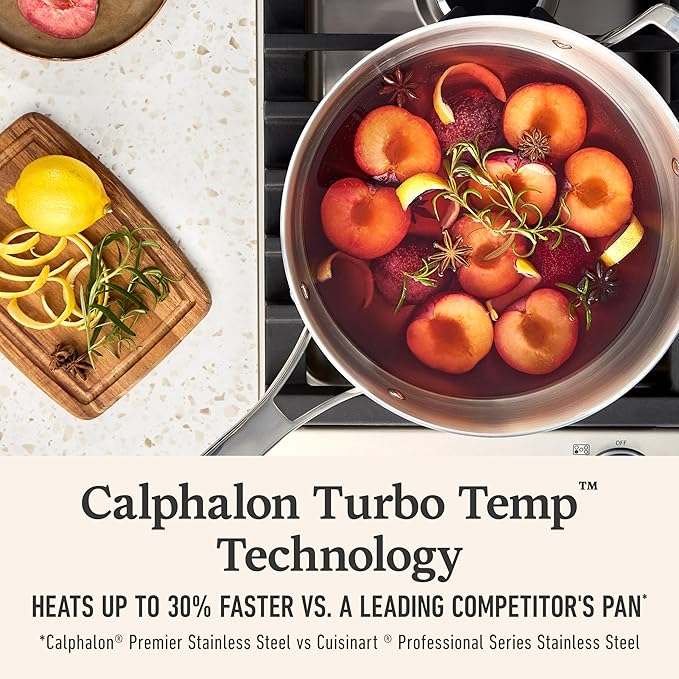 Calphalon Premier Polished 5-Ply Stainless Steel Cookware Set w/Turbo Heat Tech 4.5Qt Chef's Pan with Lid, Induction, Oven Safe 500F, Silver