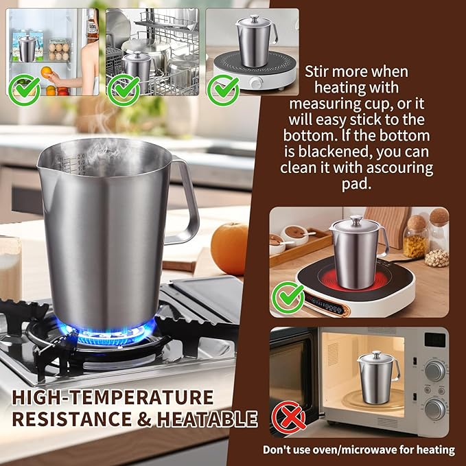 Stainless Steel Water Pitcher with Lid, 2L Stainless Steel Pitcher 8 Cup Metal Measuring Cup with Handle, Large 70 oz Milk Frothing Pitchers for Coffee, Iced Tea, Hot & Cold Water