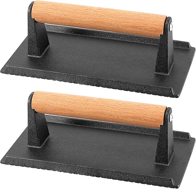 2 Pack 8 x 4 Inch Cast Iron Grill Press, Flat Heavy Weight Chef Press Bacon Griddle Press with Wooden Handle, Steak Weights for Grill Burgers Bacon Bread Pie Meat