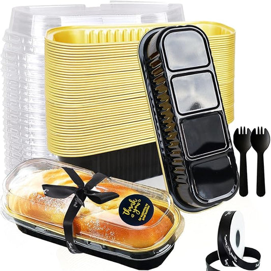 50 Pack Mini Loaf Pans with Lids and Spoons, 6.8 Oz Mini Cake Pans with Lids for Baking,Black Disposable Rectangle Aluminum Foil Loaf Pan with Ribbon Stickers，Small Cake Containers Tin（Black）