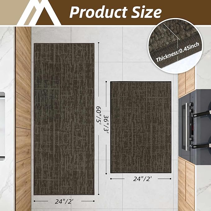 COSY HOMEER Kitchen Rugs Non Slip Washable 24"x36"+24"x60",Absorbent Soft Kitchen Mats for Floor,Polyester Kitchen Runner Rug Sets of 2,Kitchen Floor Mats for Sink Mat,Hallway,Laundry,Brown