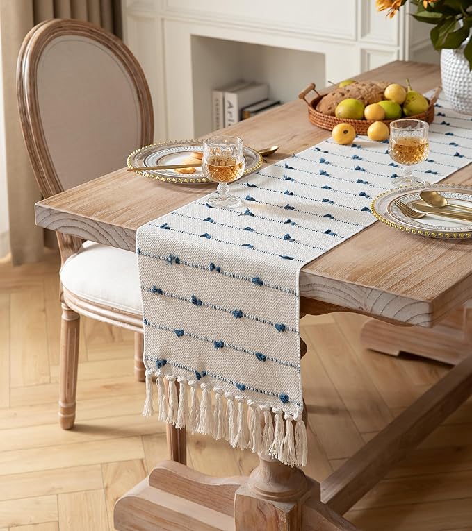 Caflife Boho Table Runner 90 Inchs Long for Modern Farmhouse Room Home Decor, Blue and Beige Coffee Table Runner, Natural Cotton Woven with Tassels Neutral, for Kitchen Dining Table Decor
