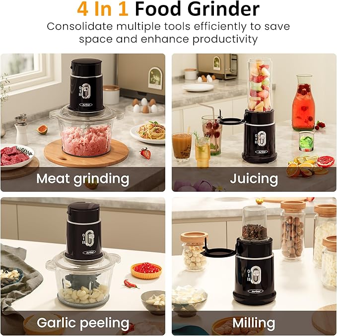 Sunvivi Electric Food Chopper, 4 in 1 Small Food Processor for Grinding Meat, Peeling Garlic & Juicing, 2 Speed Blender and Food Grinder Combo with 1.5L Glass Bowl & 2 Cups (0.4L+0.2L), Black