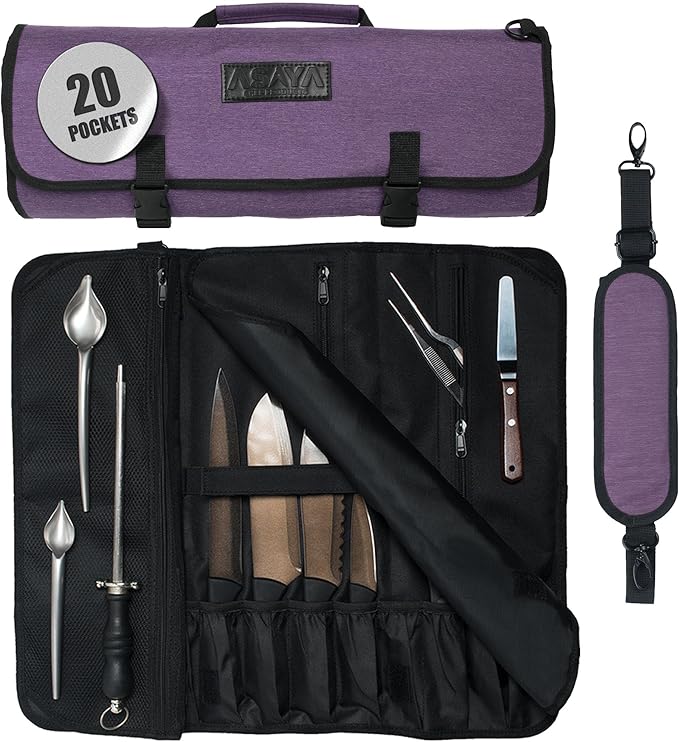Asaya Chef Knife Roll Bag - 20 Total Pockets for Knives and Kitchen Utensils - Made with Stain Resistant Waxed Nylon - For Chefs and Culinary Students - Knives Not Included (Purple)