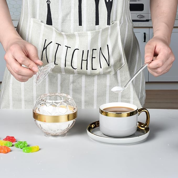 Clear Acrylic Sugar Bowl with Lid and Spoon,10 oz Sugar Container for Coffee Bar Accessories, Sugar Jar(Gold-plated)