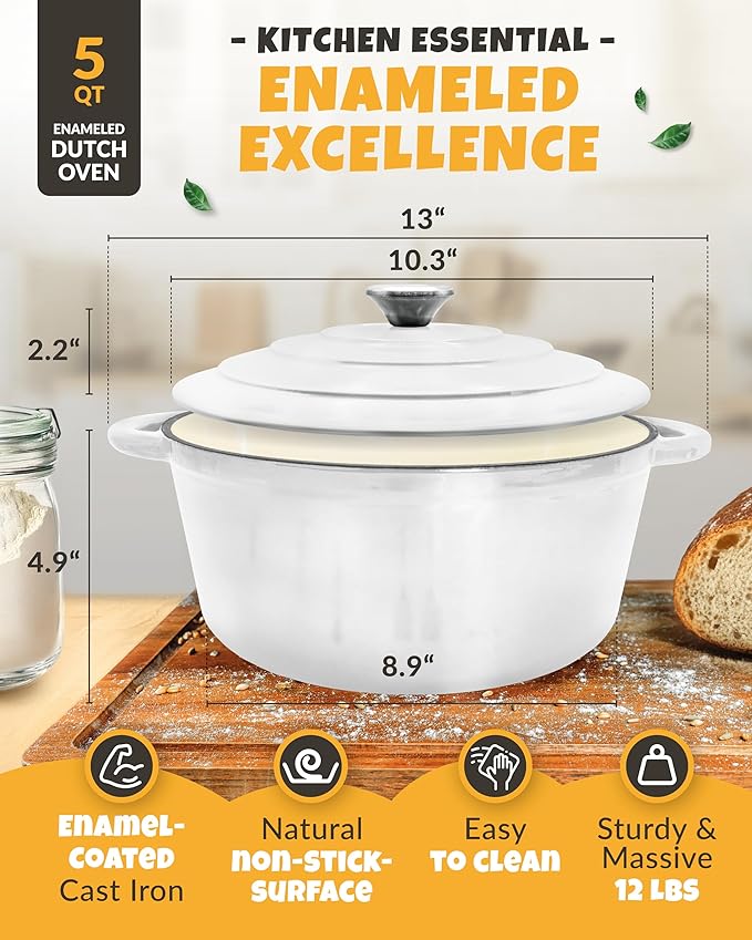 CRUSTLOVE Dutch Oven for Bread Baking - incl. Sourdough Bread-Baking Supplies like Banneton Bread-Proofing Basket - 5QT Enameled Cast Iron Bread-Oven with Lid, Baking Pan, Scoring Tool Lame
