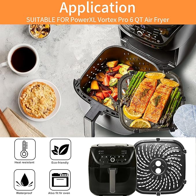 GWYXC Air Fryer Grill Pan for PowerXL Vortex Pro 6 QT Air Fryer, Oval Nonstick 8.67''*8.67''Air Fryer Accessories Replacement Parts Rack Tray Basket Crisper Plate with Rubber Bumpers,Dishwasher Safe