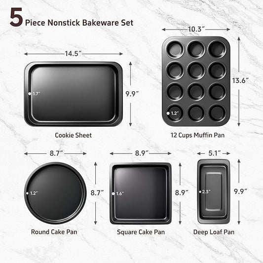 CasaCulina Baking Pans Set, 5-Piece Nonstick Bakeware Sets with Round/Square Cake Pan, Muffin Loaf Roast Pan, Baking Sheets for Oven, Kitchen Cookware Sets Baking Tray Baking Supplies, Black