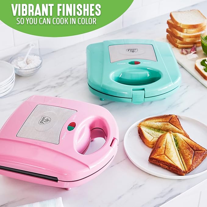 GreenLife Electric Waffle Sandwich Maker, Toaster, Panini Press with Healthy Ceramic Nonstick Plates, Perfect for Tuna Melts, Crispy Rice, Grilled Cheese, LED Indicator Light, PFAS-Free, Turquoise