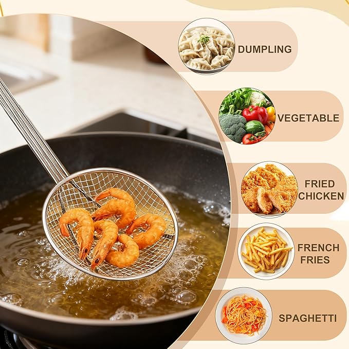 2 Pack 18-Inch Wire Skimmer Nickel Plated Wire Mesh Strainer with Long Handle Round Frying Spoon Cooking Oil Strainer for Kitchen Fried Food