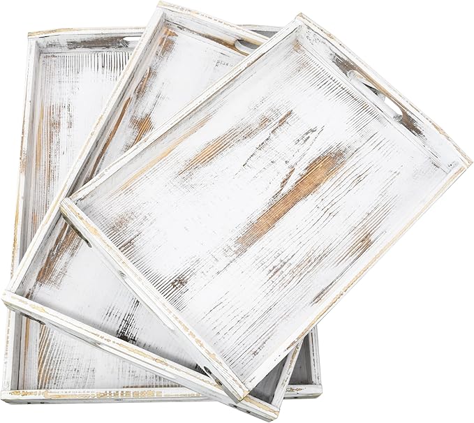 Owlgift Rustic White Wood Serving Trays with Brass Metal Wrap Accents, Set of 3