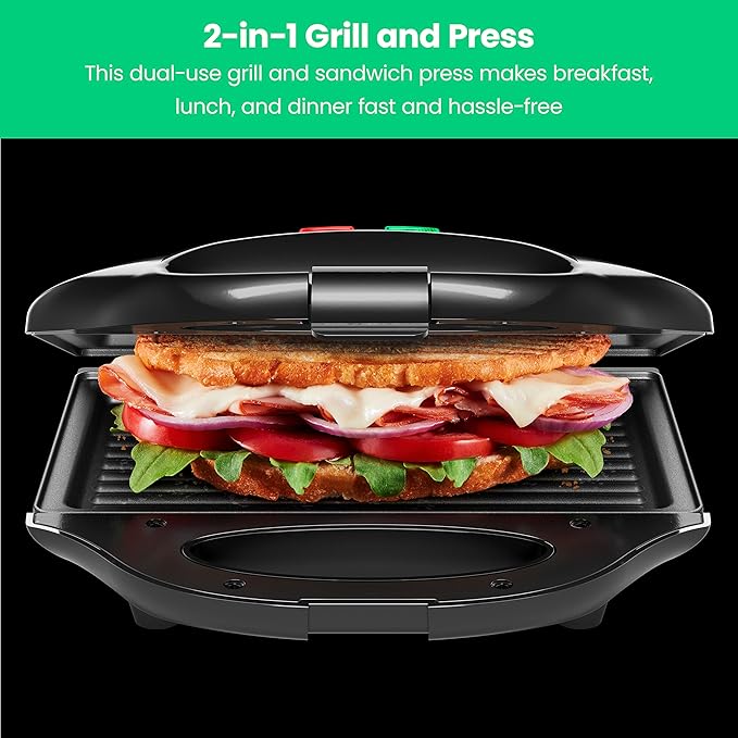 Chefman Portable Compact Grill, Dual Use Panini Press, Sandwich Maker, Electric Grill Griddle, Nonstick, Electric Indoor Grill, Countertop Panini Maker with Cord Storage, Locking Lid, Indicator Lights