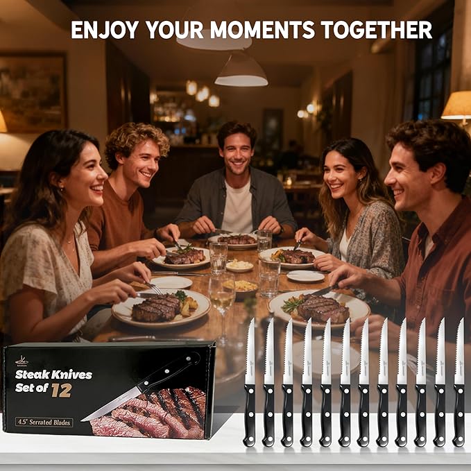 Upgraded Steak Knives Set of 12, Uncoated Stainless Steel Serrated Steak Knife Set, 4.5 Inch Steak Knife with Ergonomic Handle and Sharp Blades, Dishwasher Safe Dinner Knives for Kitchen, Restaurant
